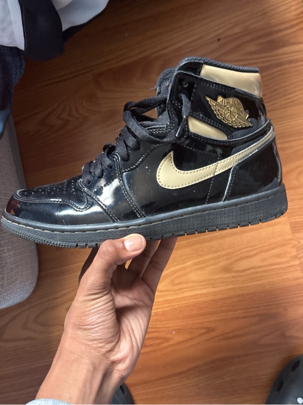 Jordan Air Jordan 1 Mid Black and Gold Patent Leather Men’s Athletic Shoes